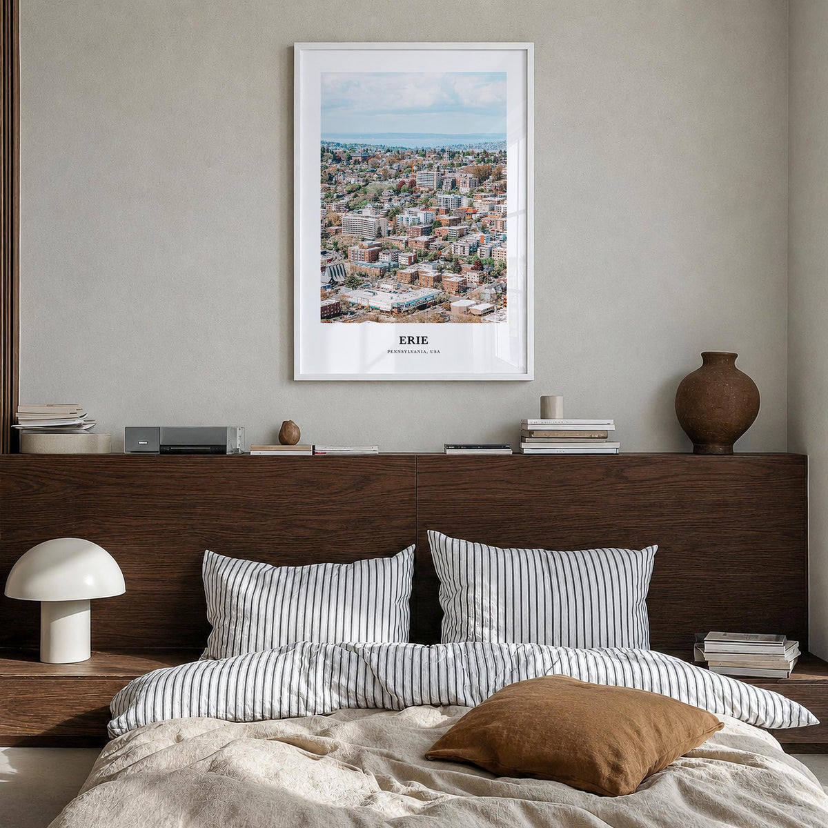 Erie colorful classic poster of Pennsylvania, USA – vertical wall art in white wood frame, hanging on wall