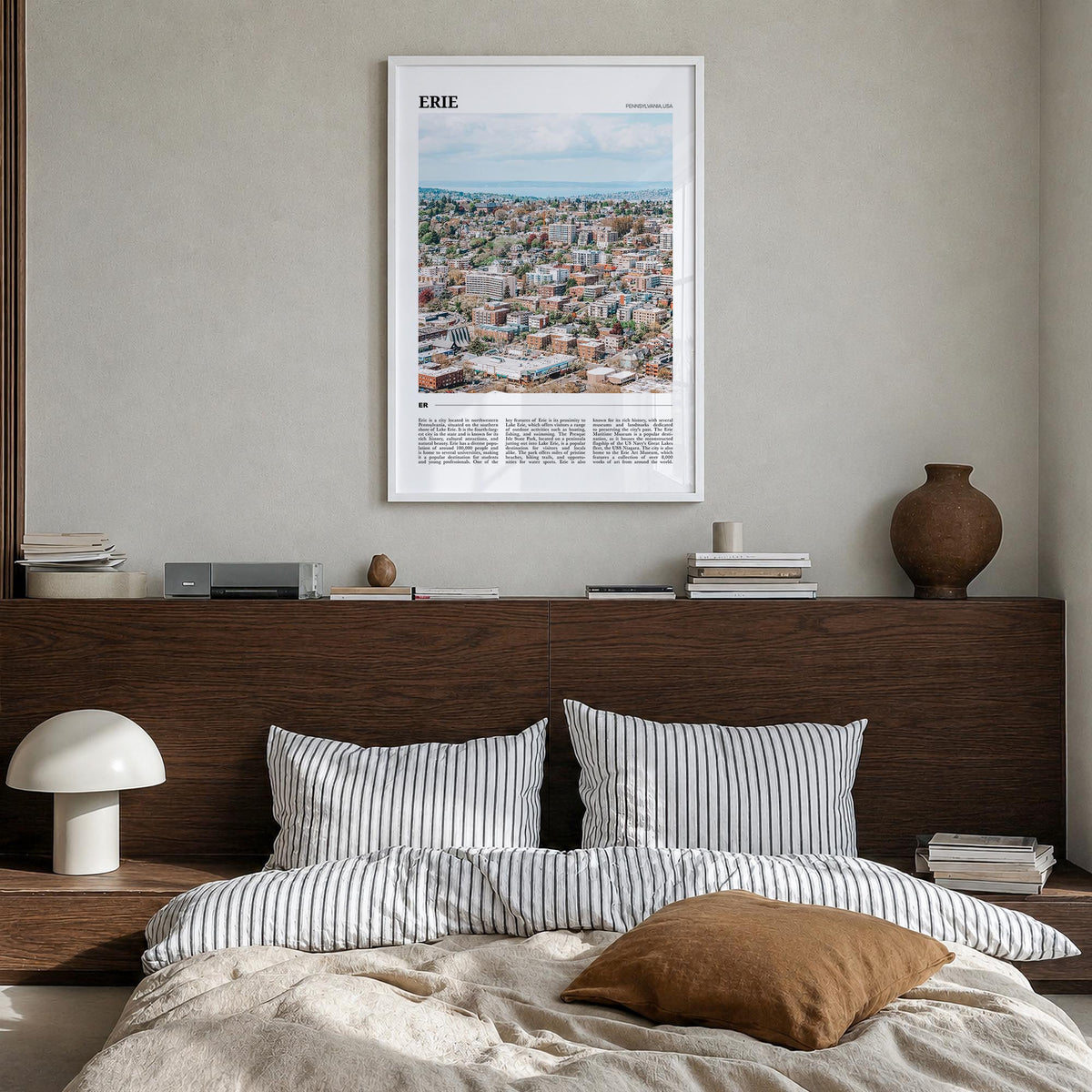 Erie colorful travel poster of Pennsylvania, USA – vertical wall art in white wood frame, hanging on wall