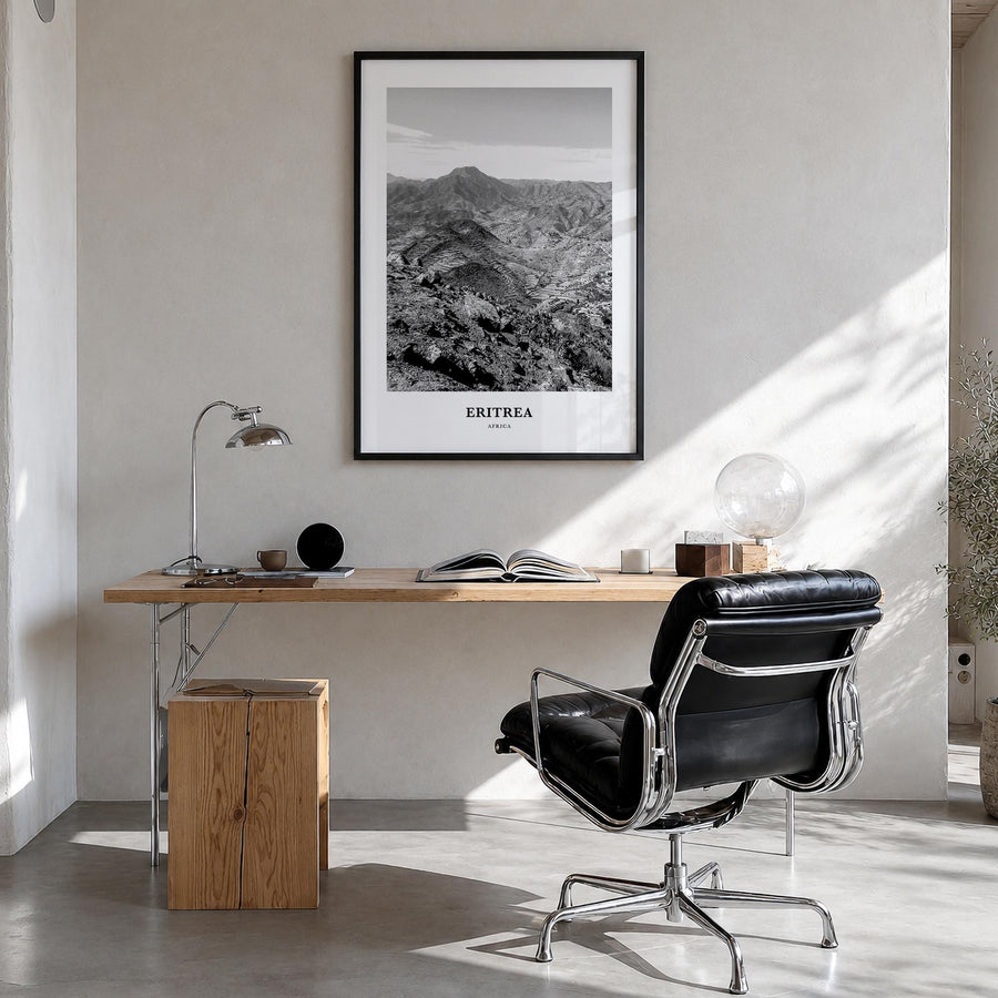 Eritrea black & white classic poster of Africa – vertical wall art in black wood frame, hanging on wall