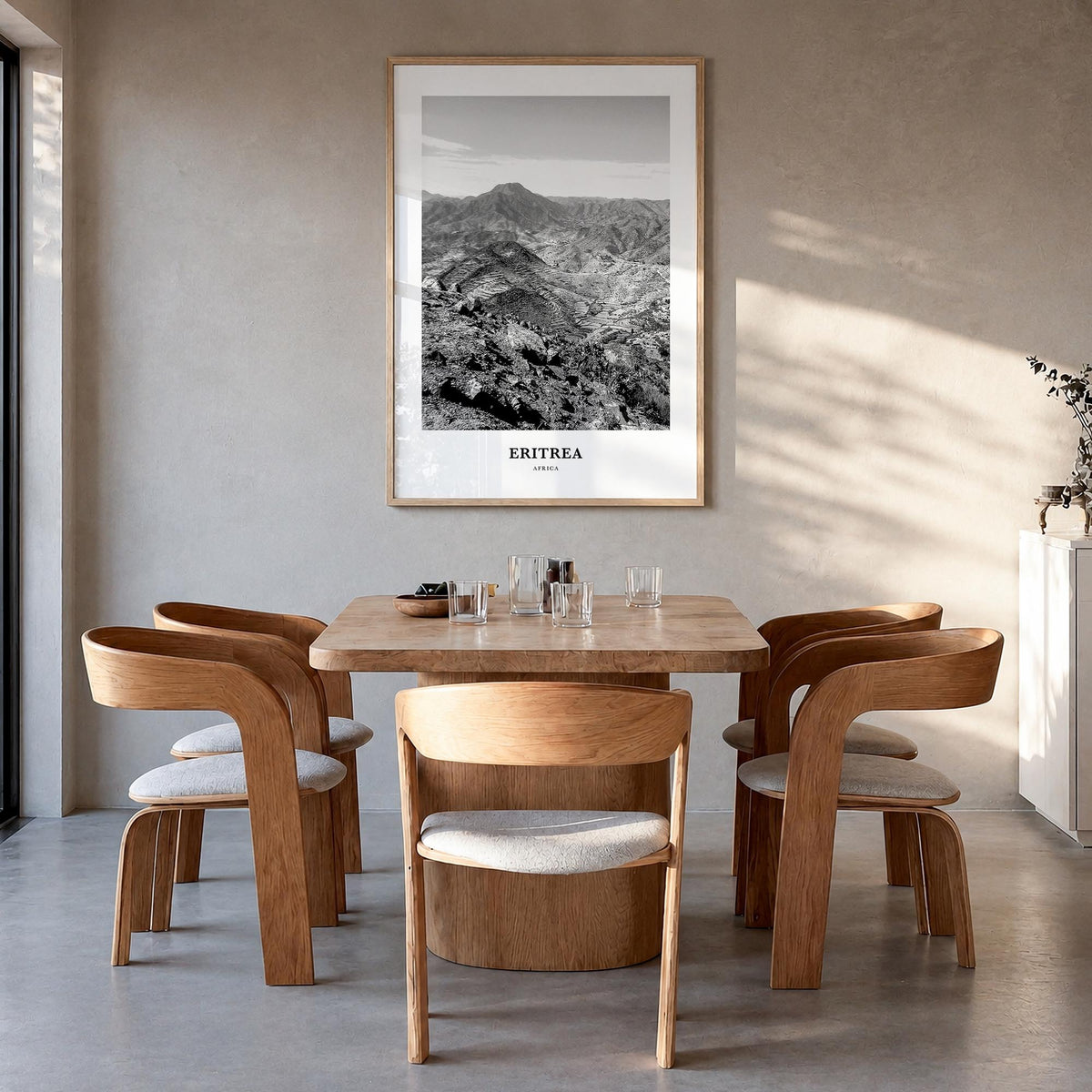 Eritrea black & white classic poster of Africa – vertical wall art in natural wood frame, hanging on wall