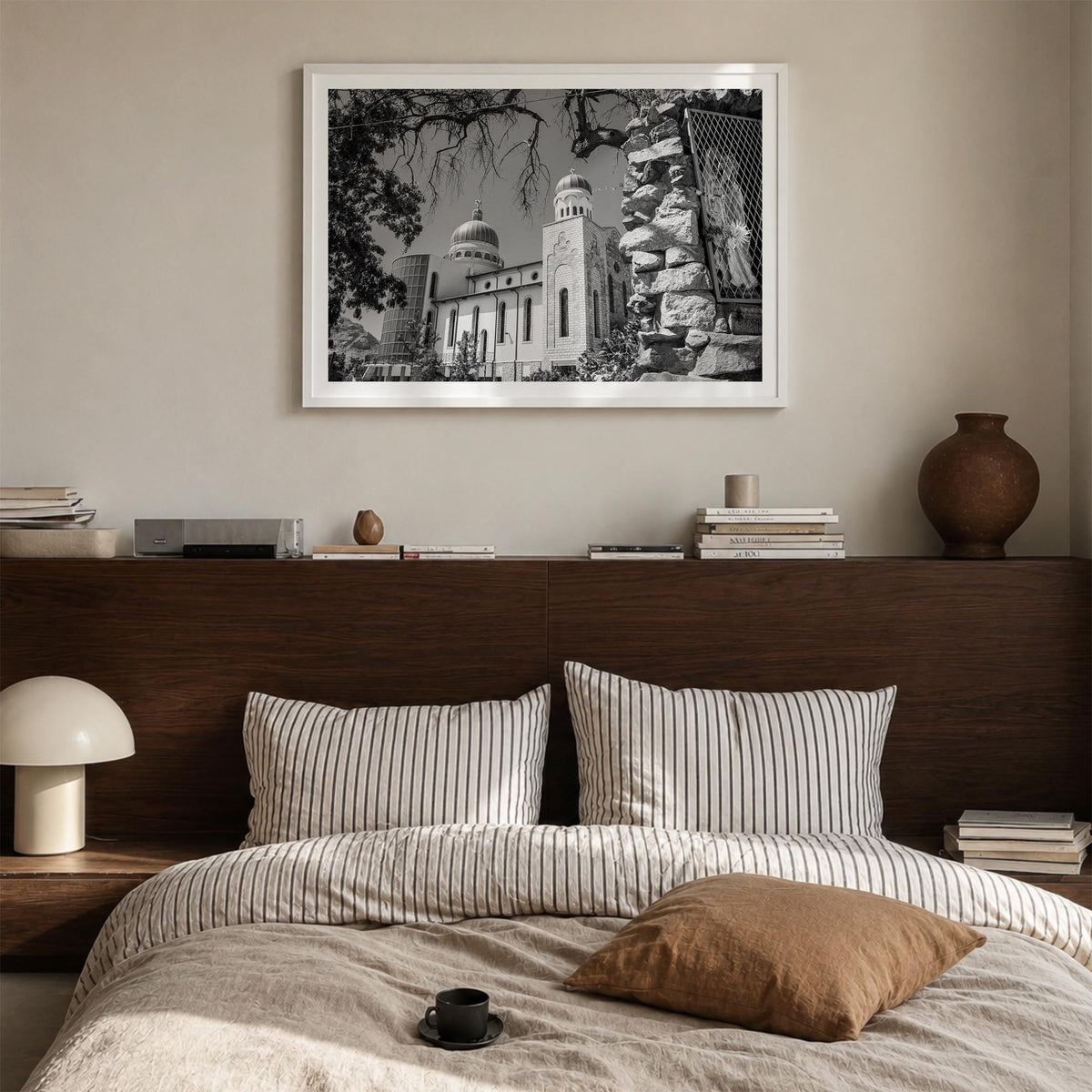 Eritrea black & white photo poster of Africa – horizontal wall art in white wood frame with white border, hanging on wall
