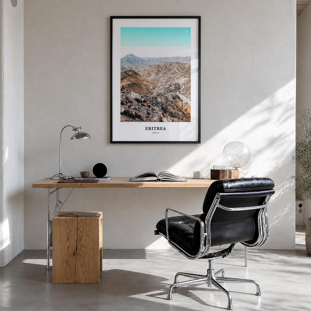 Eritrea colorful classic poster of Africa – vertical wall art in black wood frame, hanging on wall