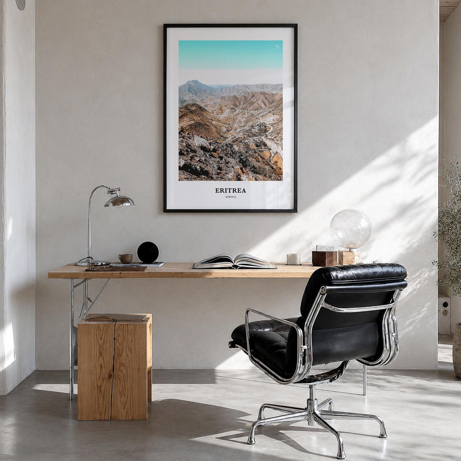 Eritrea colorful classic poster of Africa – vertical wall art in black wood frame, hanging on wall