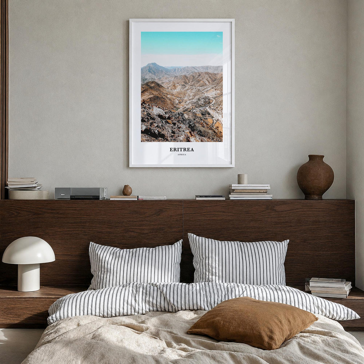 Eritrea colorful classic poster of Africa – vertical wall art in white wood frame, hanging on wall