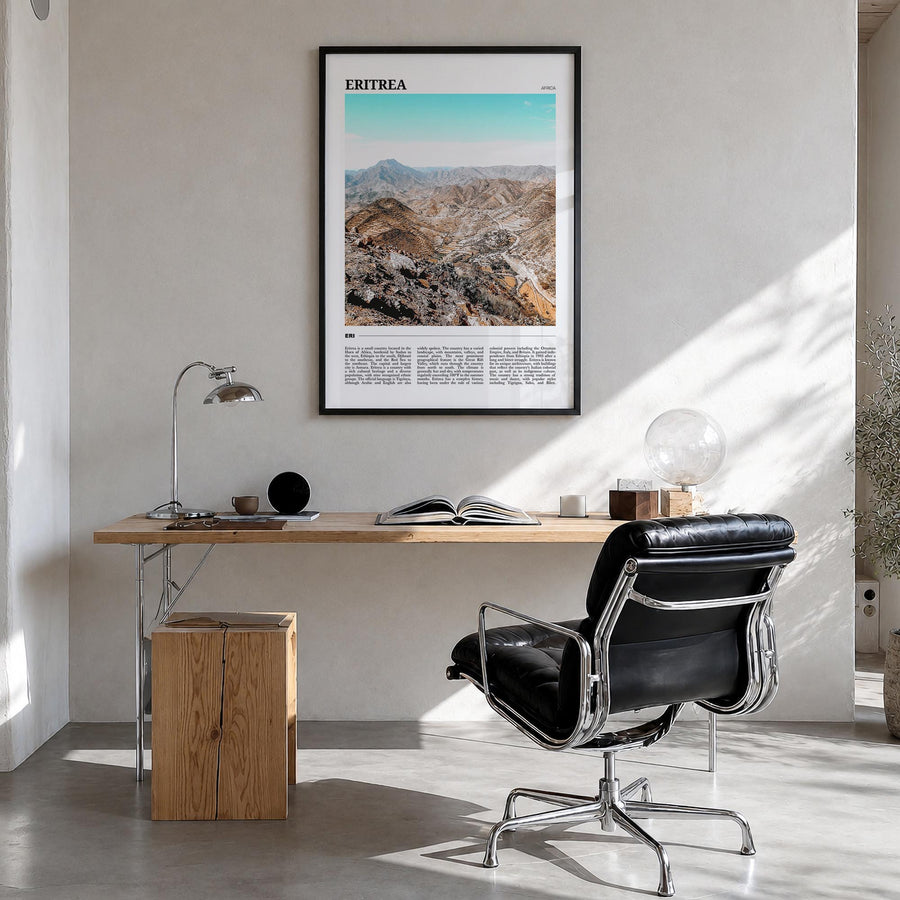 Eritrea colorful travel poster of Africa – vertical wall art in black wood frame, hanging on wall