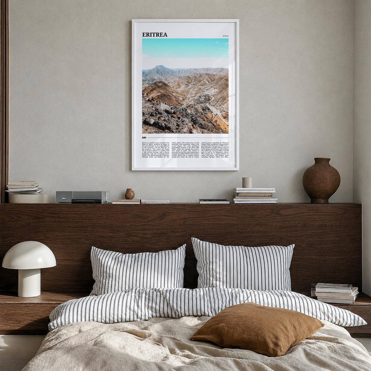 Eritrea colorful travel poster of Africa – vertical wall art in white wood frame, hanging on wall