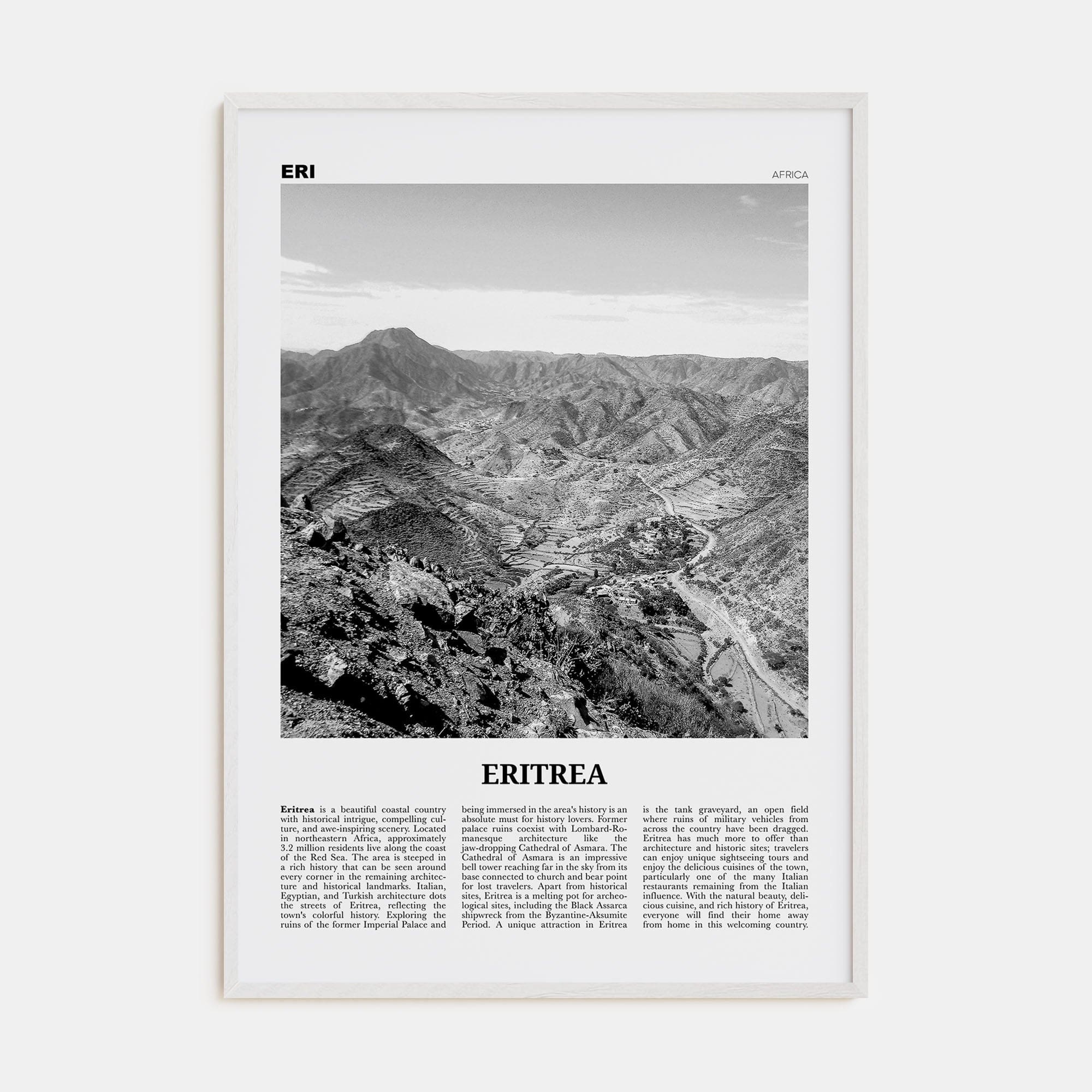 Eritrea Poster White Wood / 8x12 in Nbourhood Travel B&W Poster