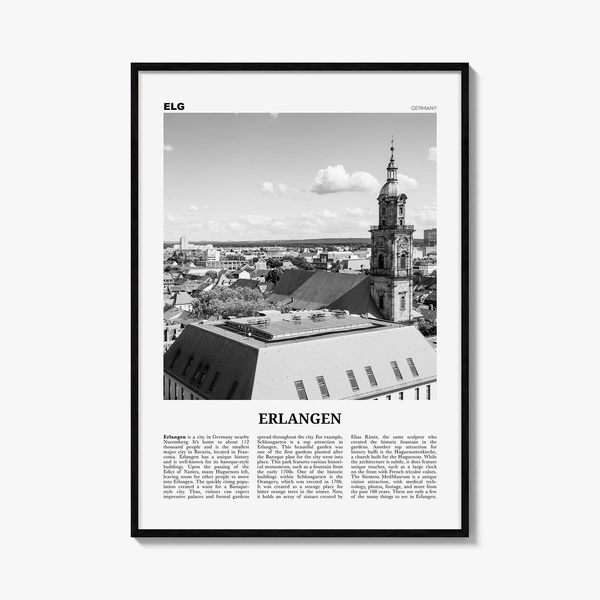 Erlangen black & white newspaper poster of Germany – vertical wall art, unframed print shown in interior mockup