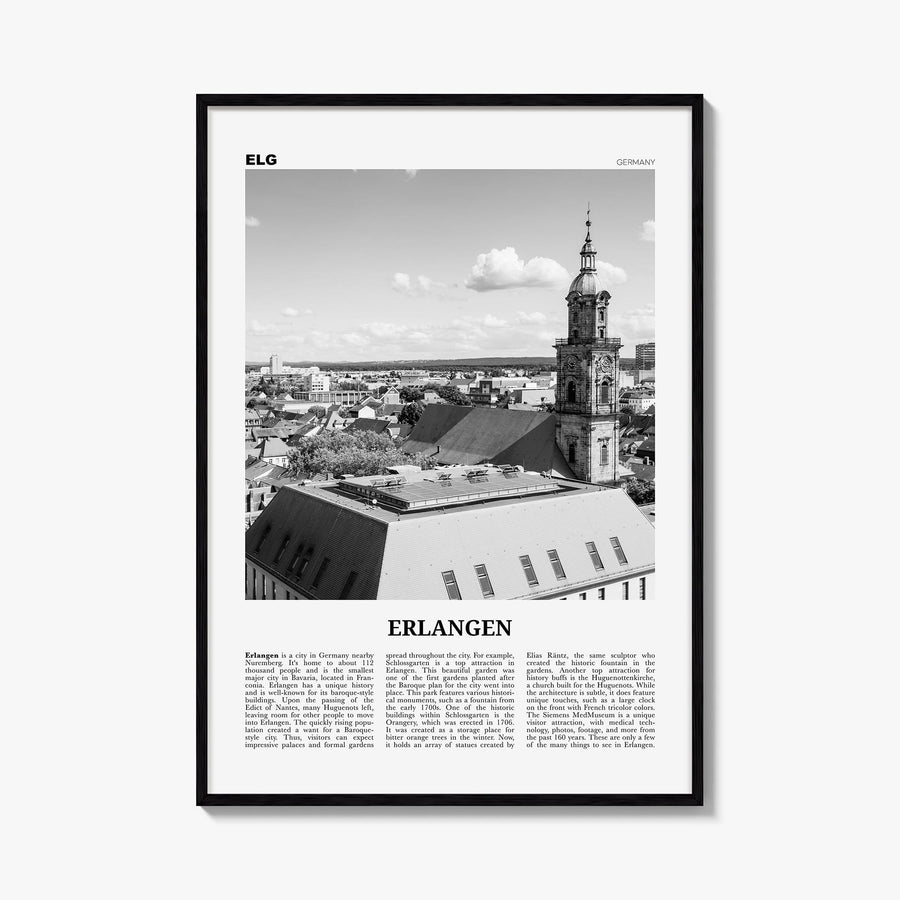 Erlangen black & white newspaper poster of Germany – vertical wall art, unframed print shown in interior mockup