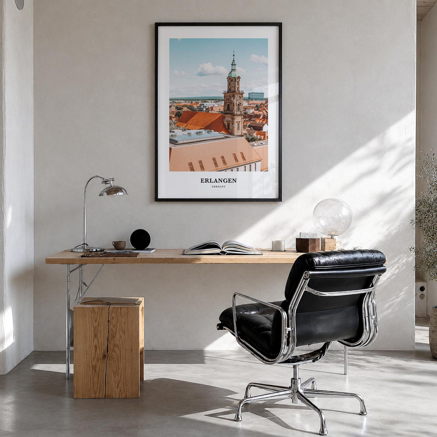 Erlangen colorful classic poster of Germany – vertical wall art in black wood frame, hanging on wall