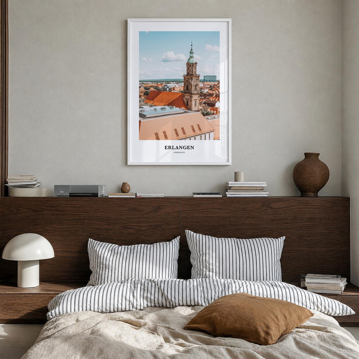 Erlangen colorful classic poster of Germany – vertical wall art in white wood frame, hanging on wall