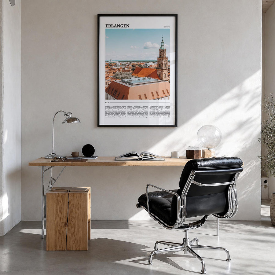 Erlangen colorful travel poster of Germany – vertical wall art in black wood frame, hanging on wall