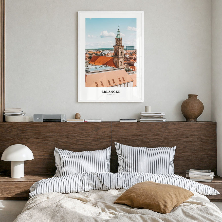 Erlangen Classic Poster in a white wood frame, hanging in a bedroom