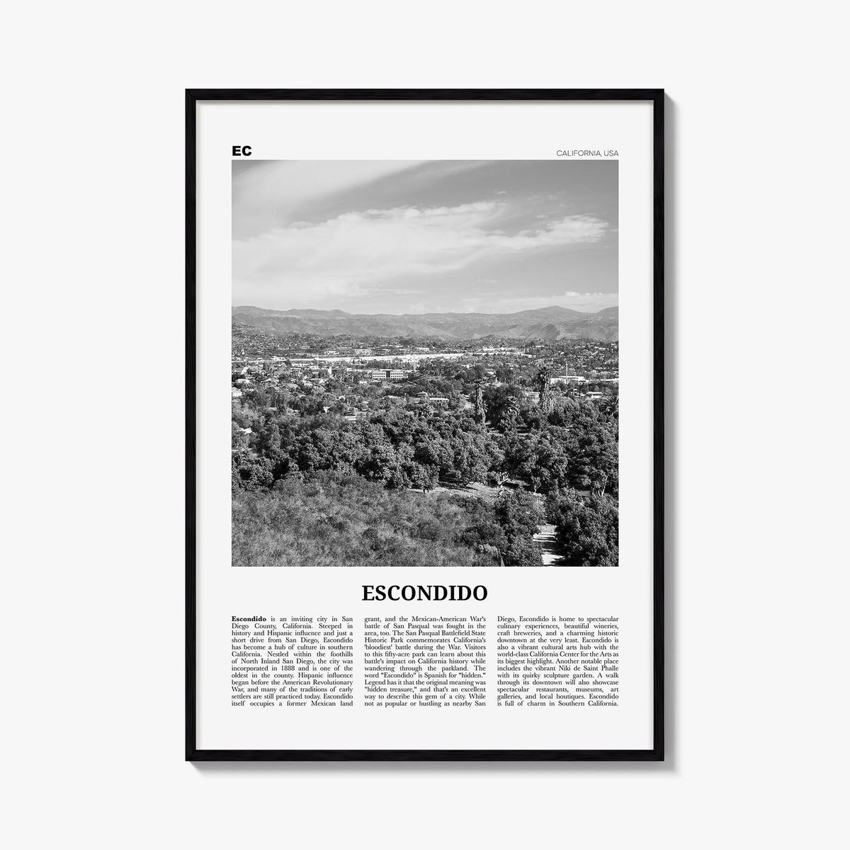 Escondido black & white newspaper poster of California, USA – vertical wall art, unframed print shown in interior mockup