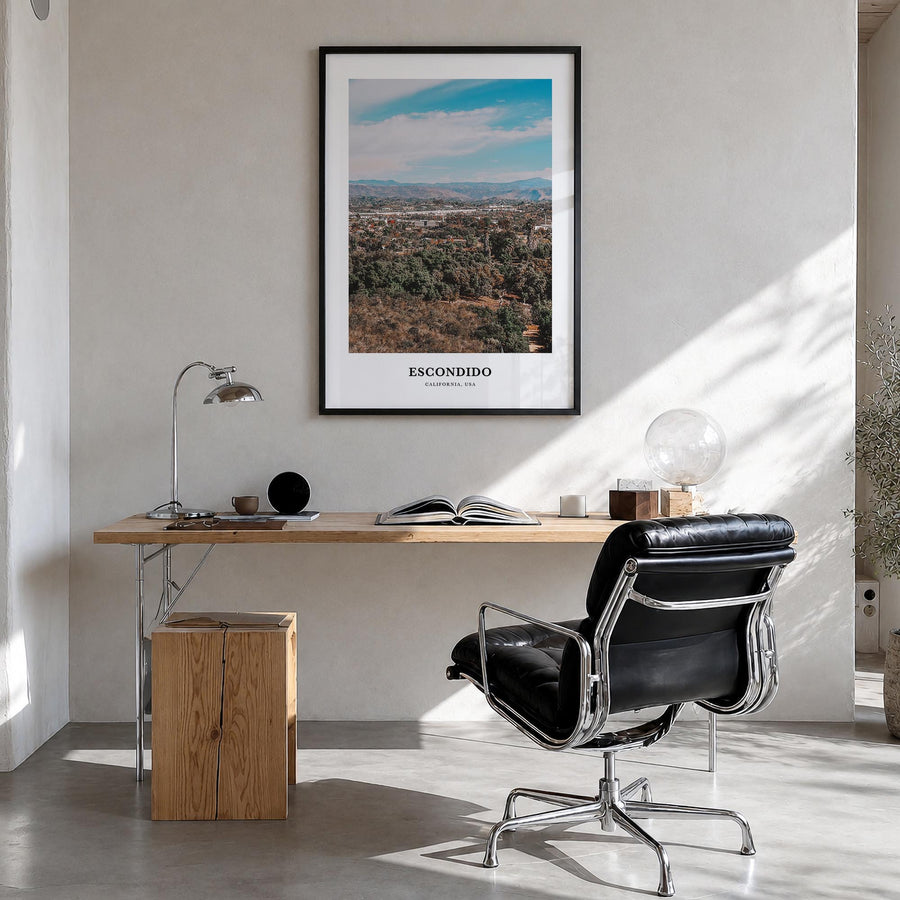 Escondido colorful classic poster of California, USA – vertical wall art in black wood frame, hanging on wall