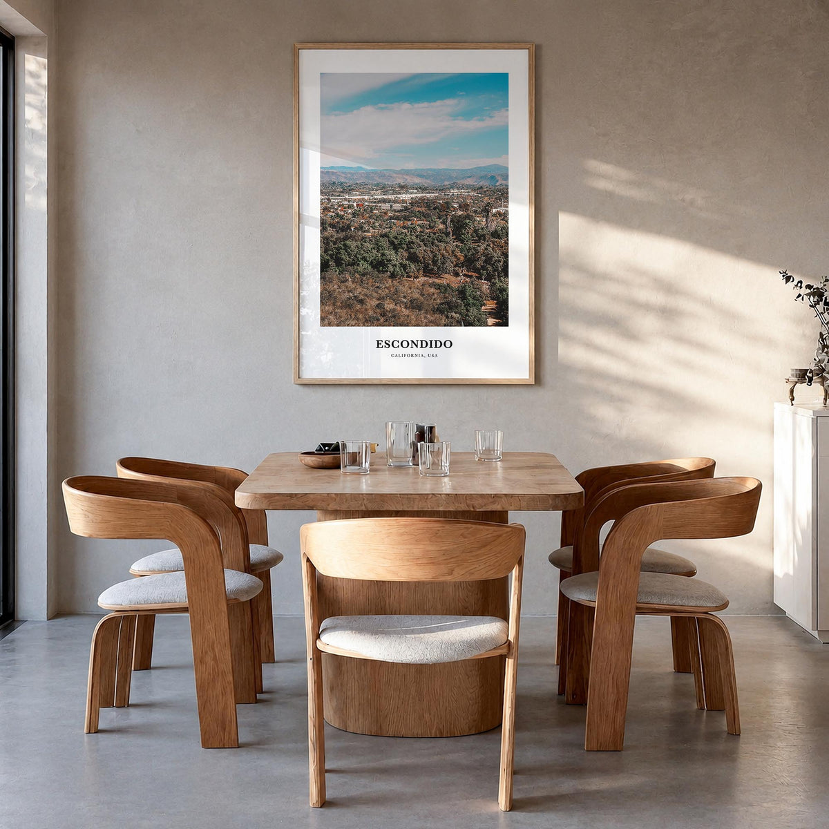 Escondido colorful classic poster of California, USA – vertical wall art in natural wood frame, hanging on wall