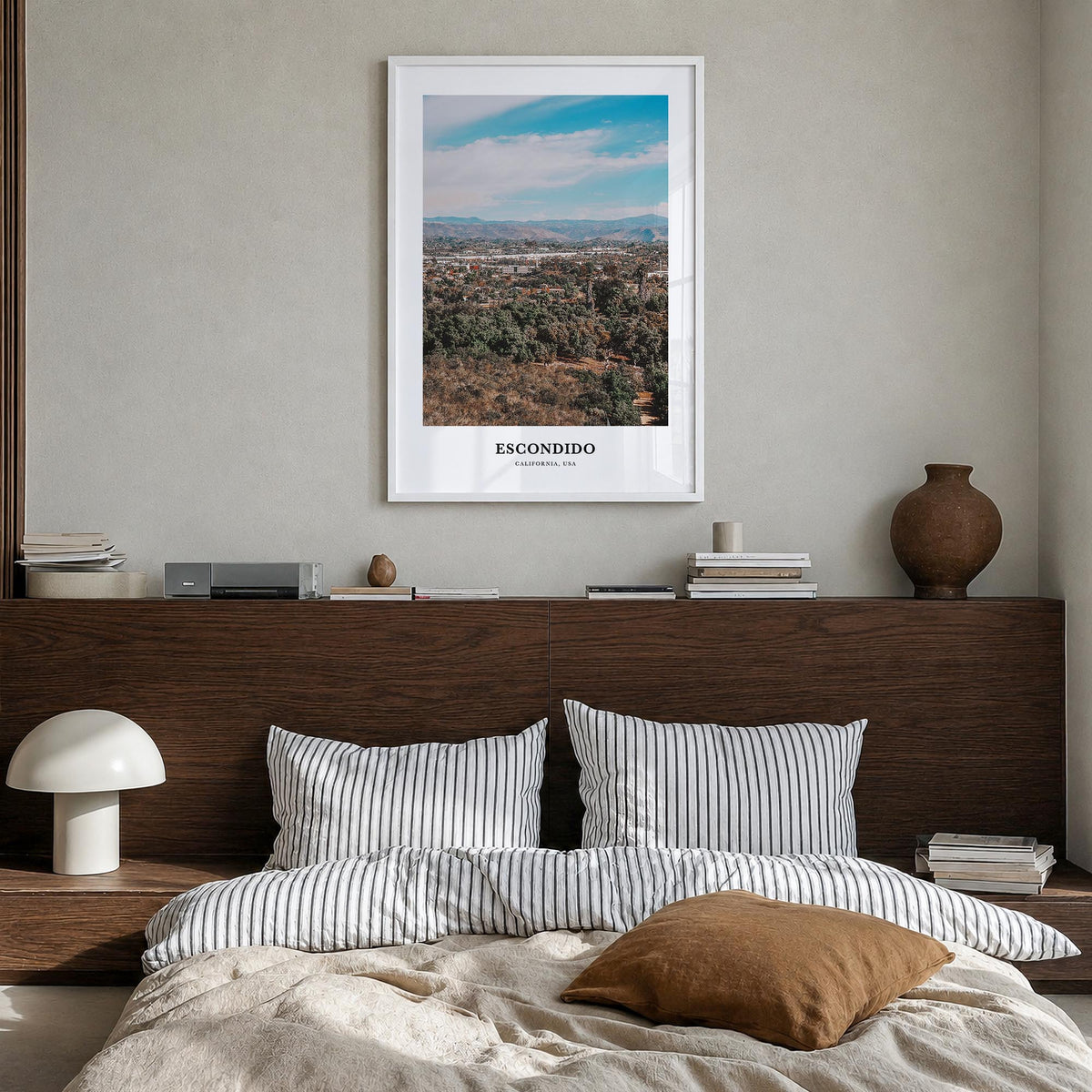 Escondido colorful classic poster of California, USA – vertical wall art in white wood frame, hanging on wall