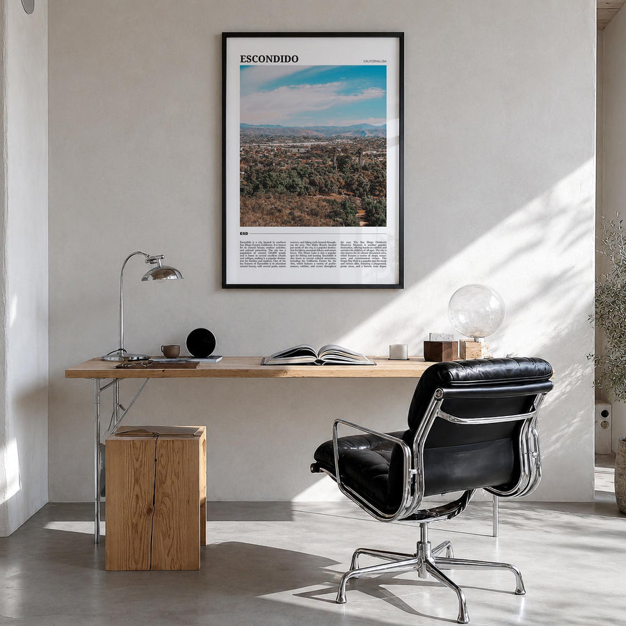 Escondido colorful travel poster of California, USA – vertical wall art in black wood frame, hanging on wall