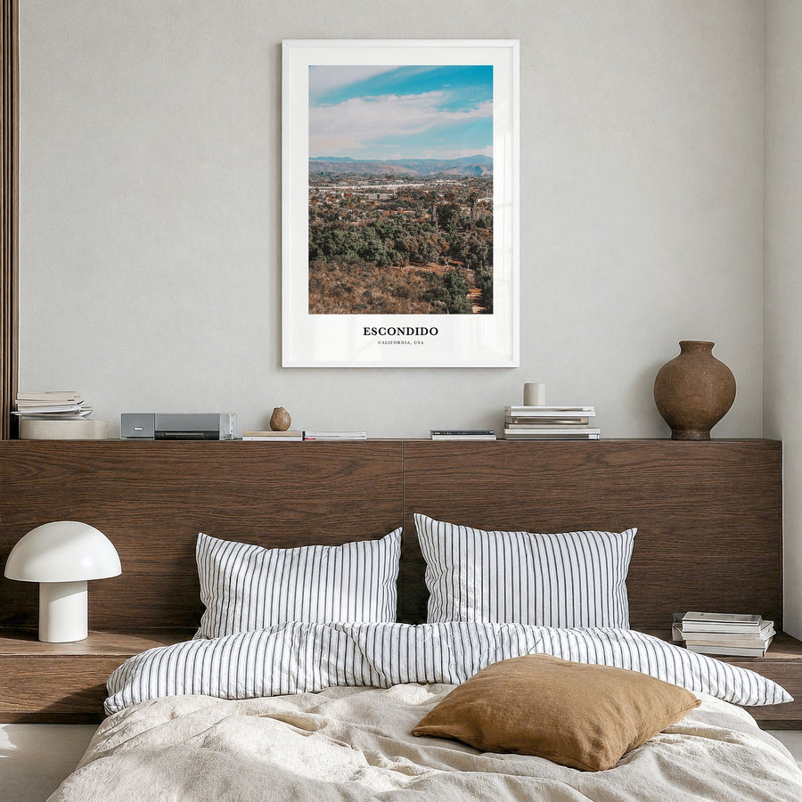 Escondido Classic Poster in a white wood frame, hanging in a bedroom