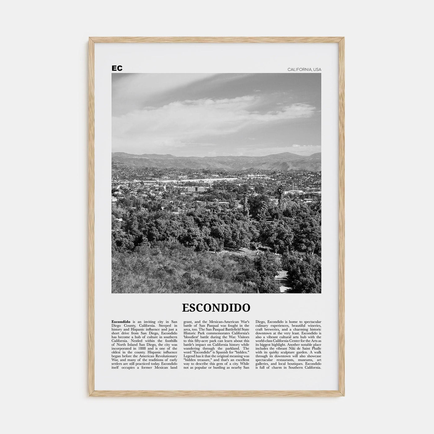 Escondido Poster Natural Wood / 8x12 in Nbourhood Travel B&W Poster