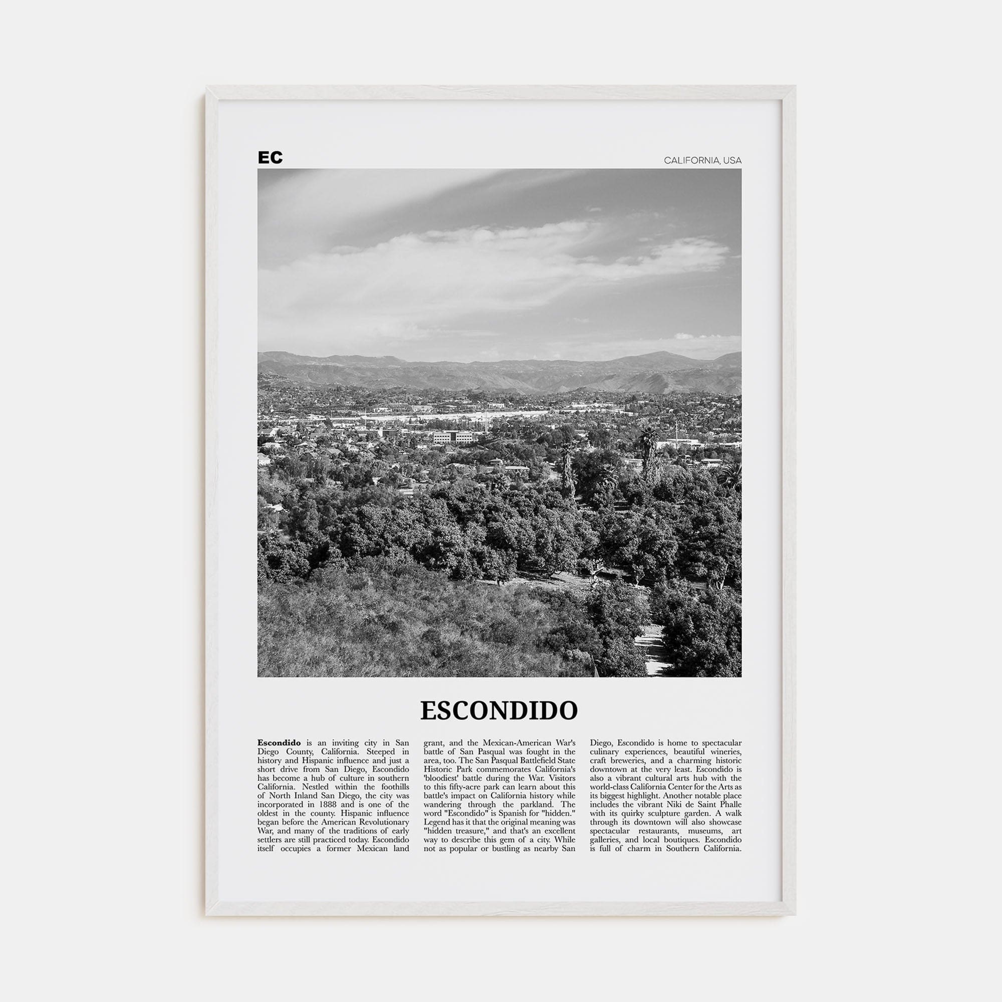 Escondido Poster White Wood / 8x12 in Nbourhood Travel B&W Poster