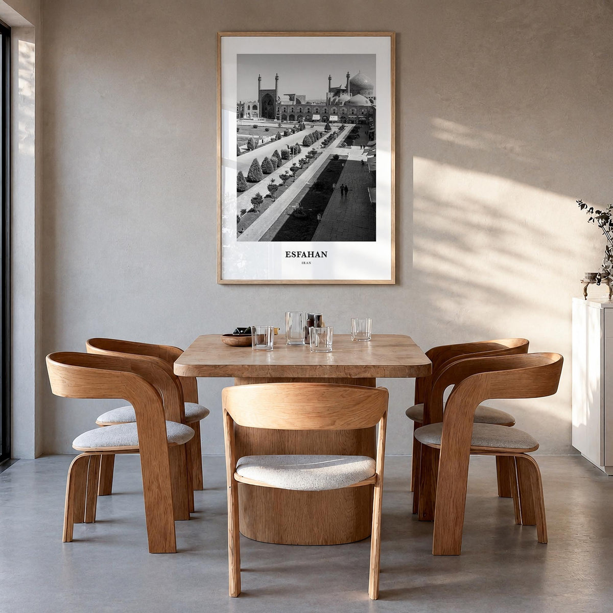 Esfahan black & white classic poster of Iran – vertical wall art in natural wood frame, hanging on wall