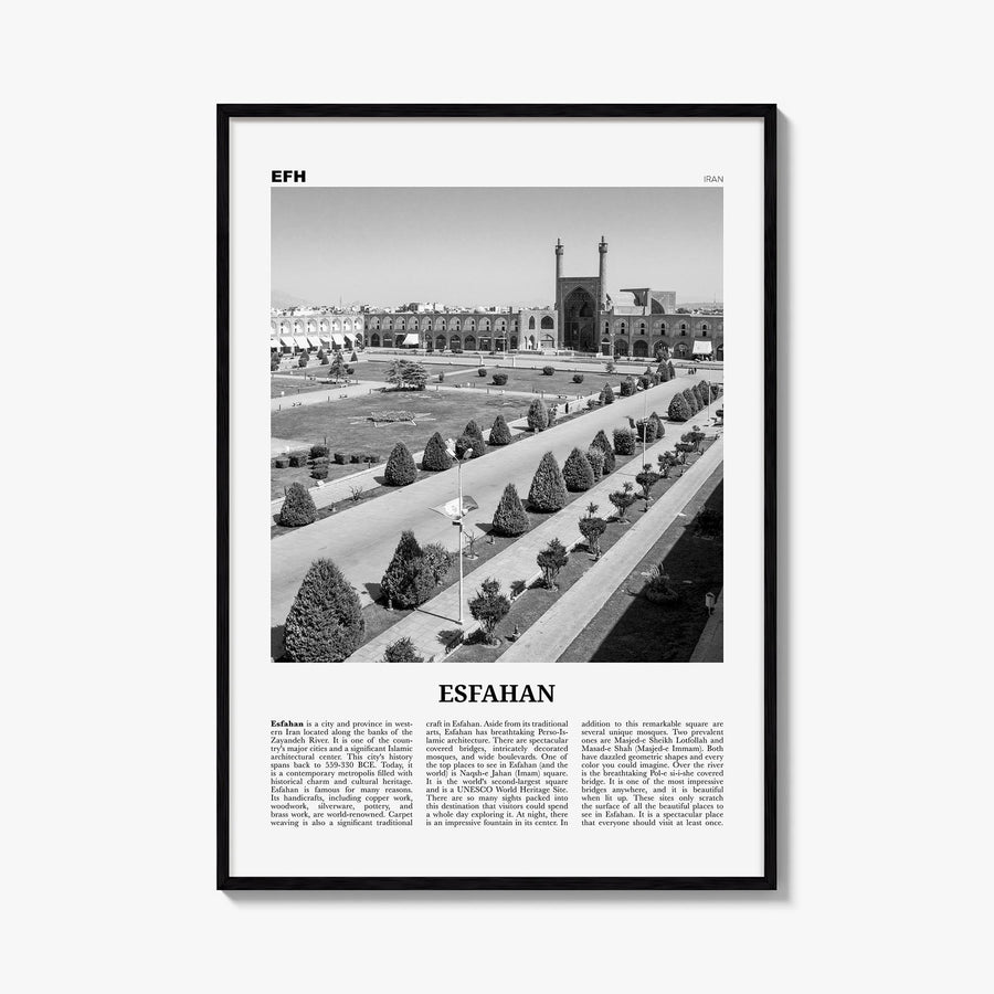 Esfahan black & white newspaper poster of Iran – vertical wall art, unframed print shown in interior mockup