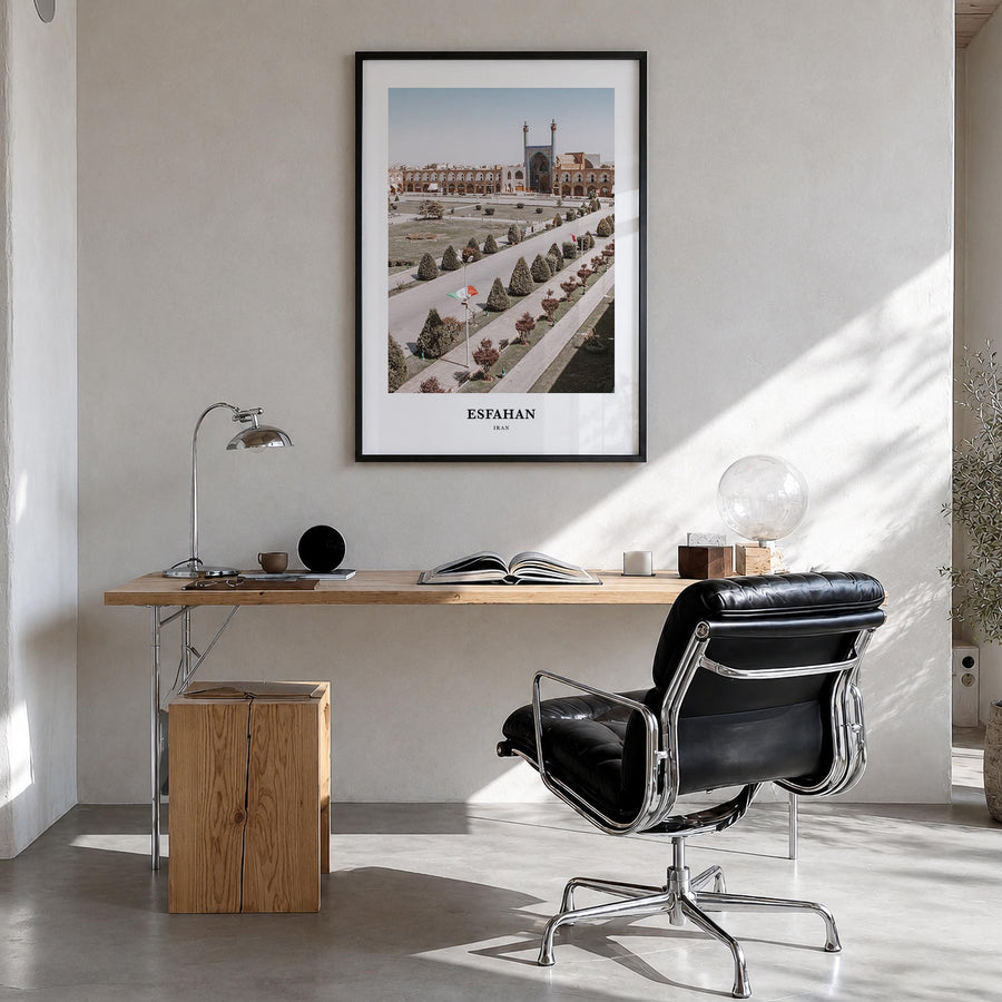 Esfahan colorful classic poster of Iran – vertical wall art in black wood frame, hanging on wall