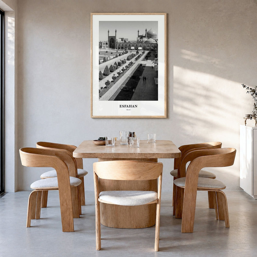 Esfahan Classic Poster in a natural wood frame, hanging in a dining room