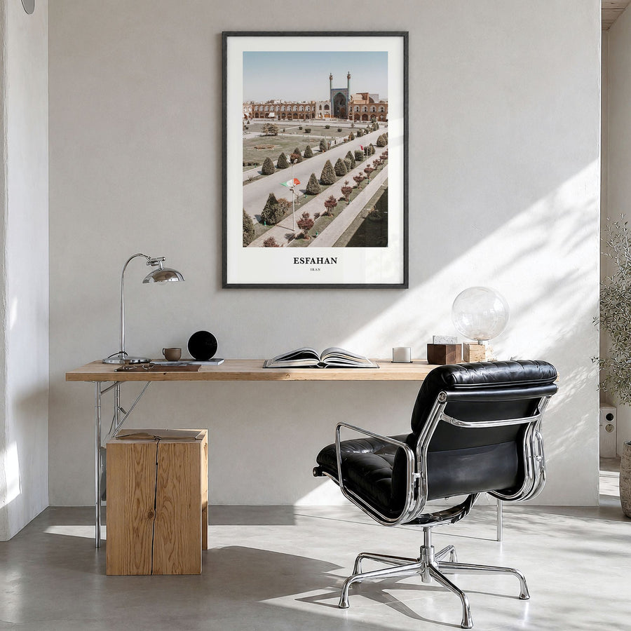 Esfahan Classic Poster in a black wood frame, hanging in a bright home office