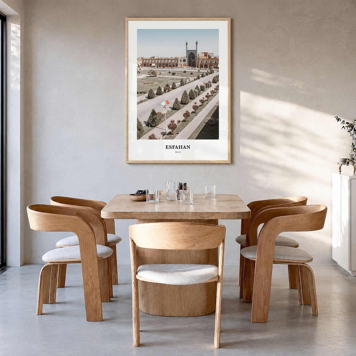 Esfahan Classic Poster in a natural wood frame, hanging in a dining room