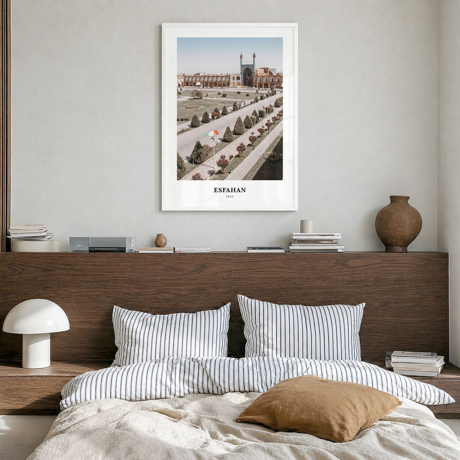 Esfahan Classic Poster in a white wood frame, hanging in a bedroom
