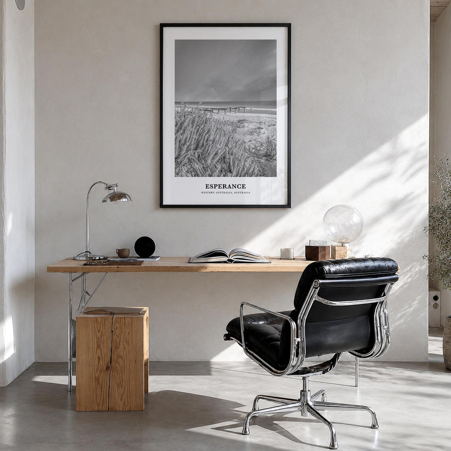 Esperance black & white classic poster of Australia – vertical wall art in black wood frame, hanging on wall