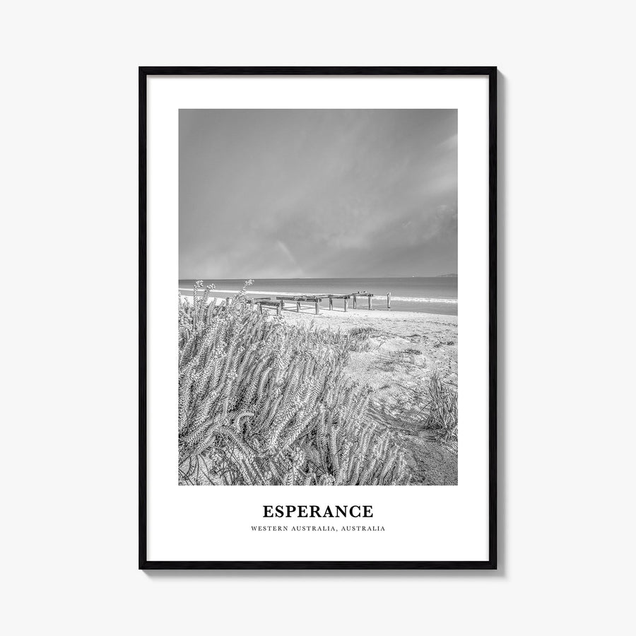 Esperance black & white classic poster of Australia – vertical wall art, unframed print shown in interior mockup