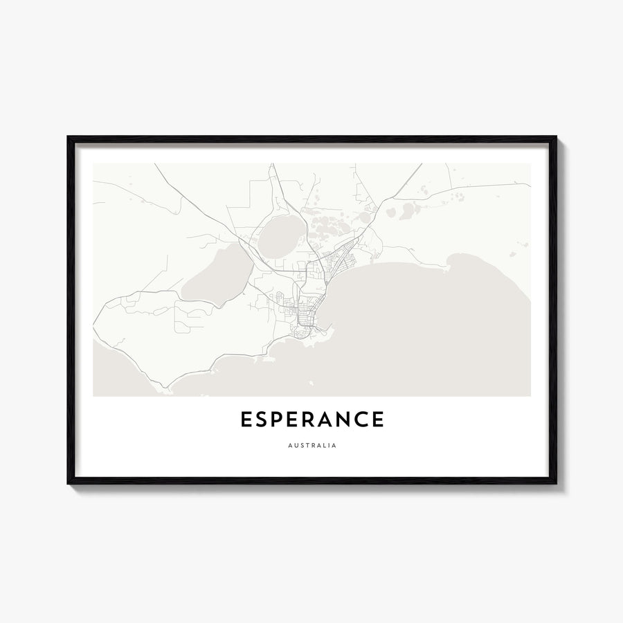Esperance black & white map poster of Australia – horizontal wall art, unframed print shown in interior mockup