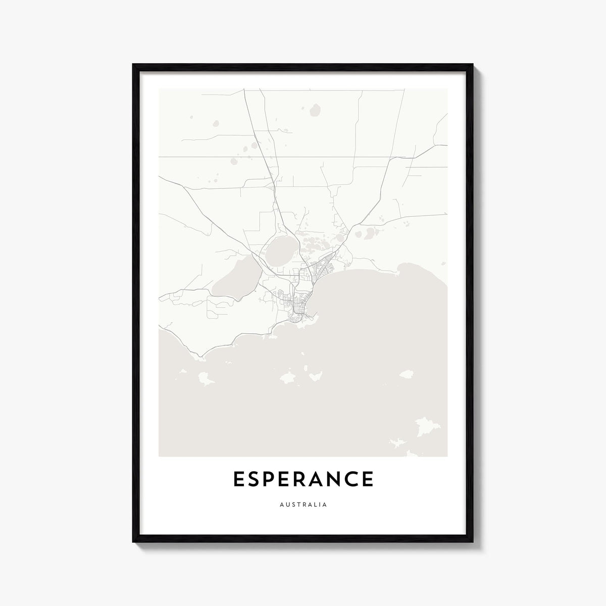 Esperance black & white map poster of Australia – vertical wall art, unframed print shown in interior mockup