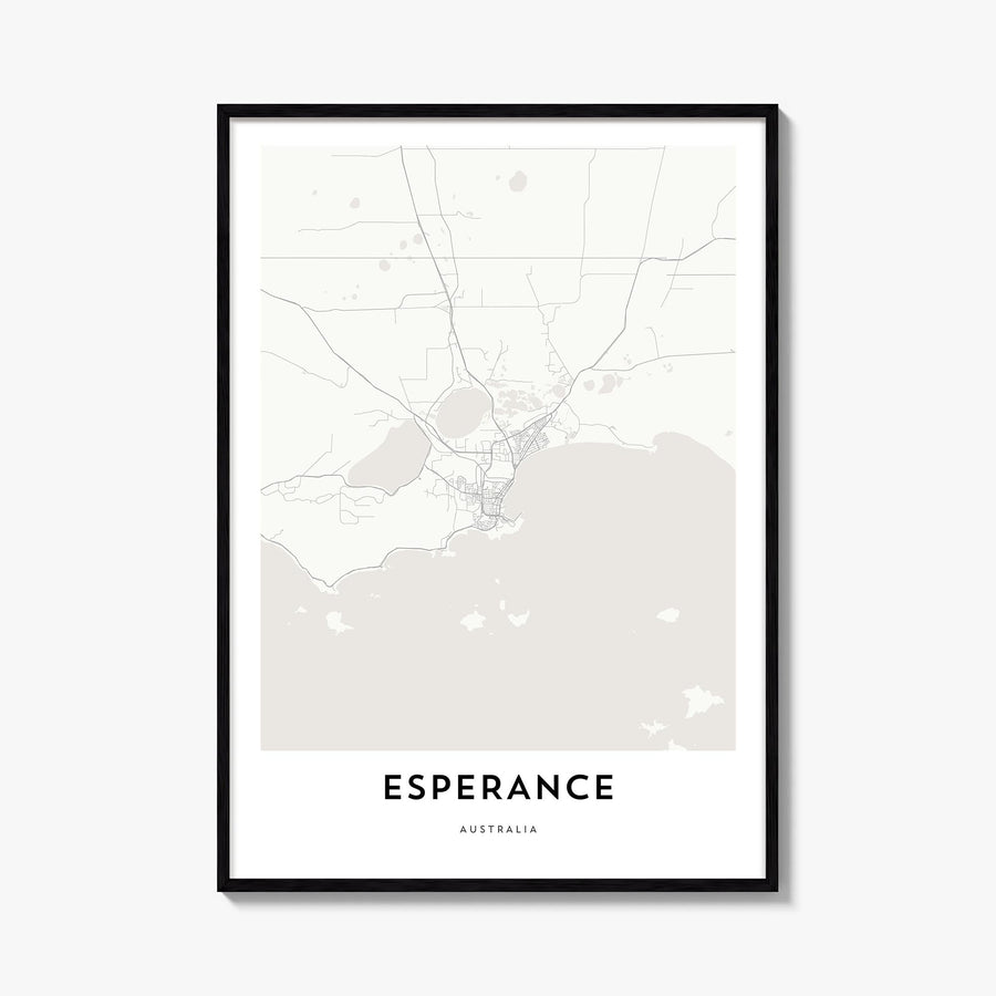 Esperance black & white map poster of Australia – vertical wall art, unframed print shown in interior mockup
