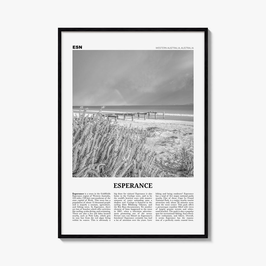 Esperance black & white newspaper poster of Australia – vertical wall art, unframed print shown in interior mockup