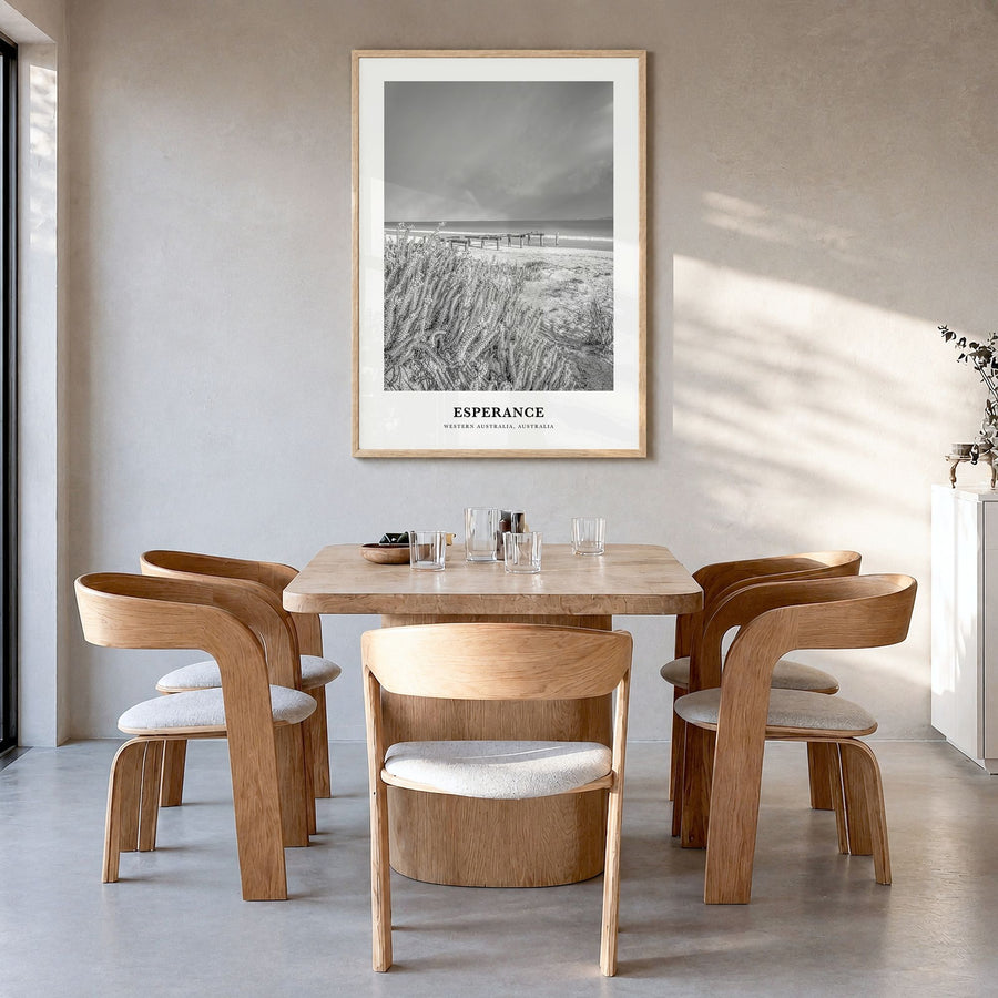 Esperance Classic Poster in a natural wood frame, hanging in a dining room