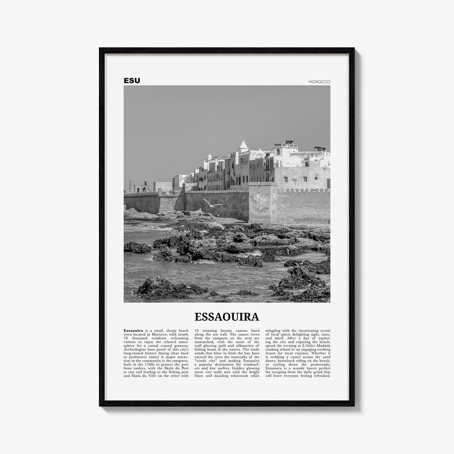 Essaouira no. 1 black & white newspaper poster of Morocco – vertical wall art, unframed print shown in interior mockup
