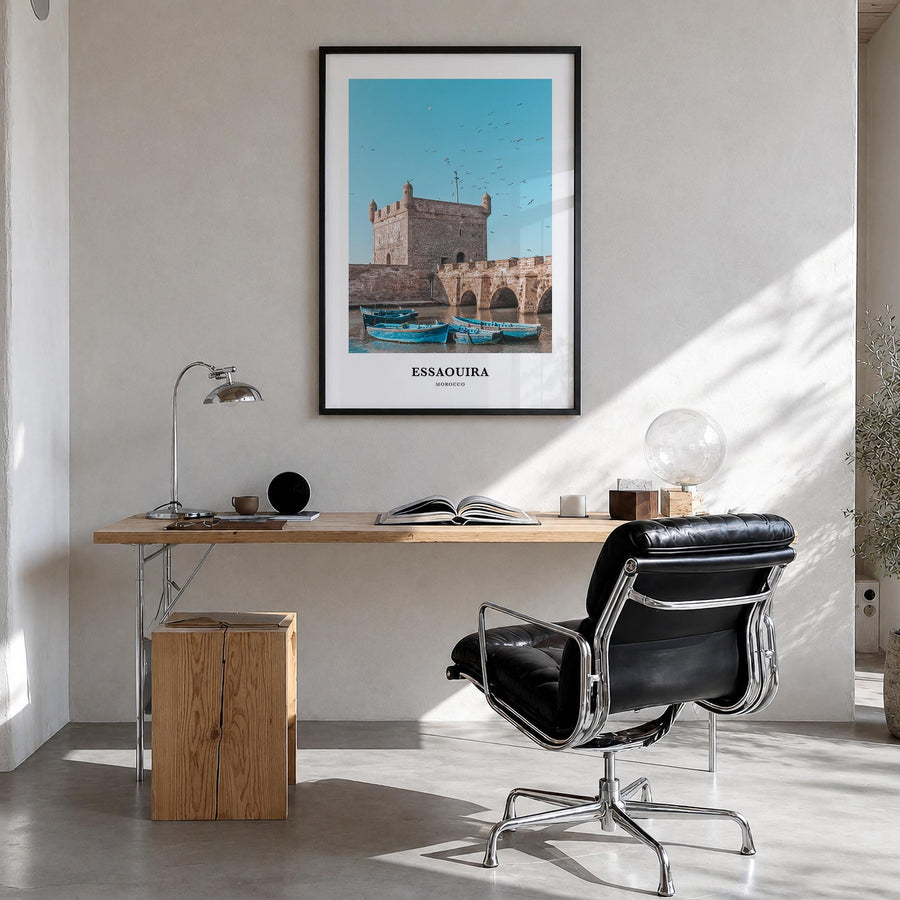 Essaouira no. 1 colorful classic poster of Morocco – vertical wall art in black wood frame, hanging on wall