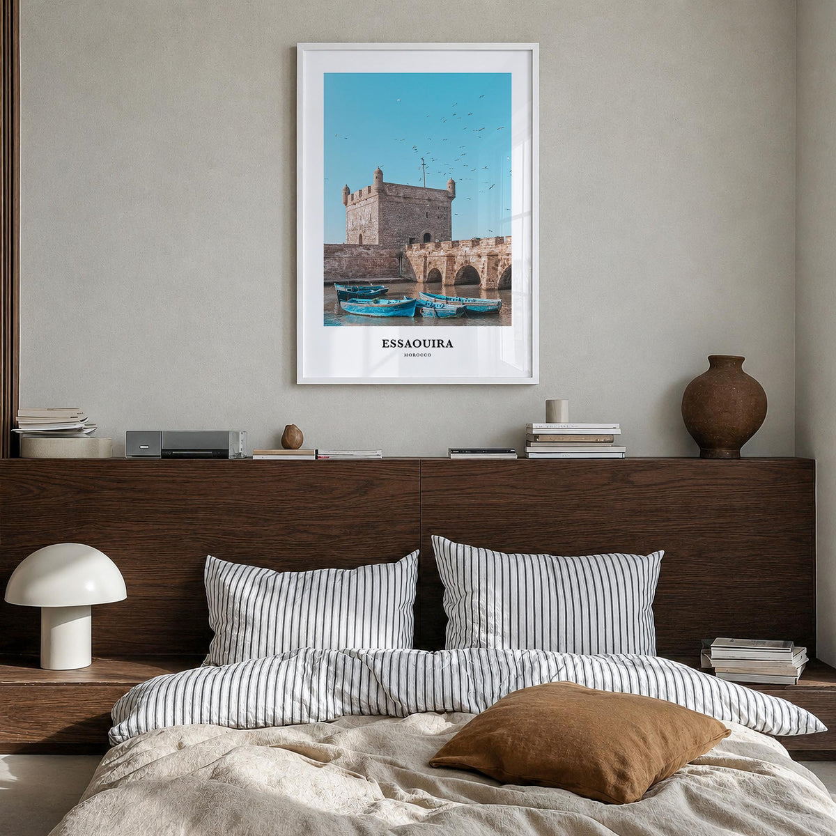 Essaouira no. 1 colorful classic poster of Morocco – vertical wall art in white wood frame, hanging on wall