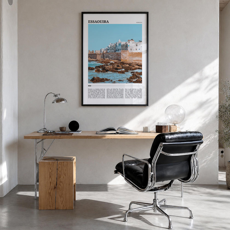 Essaouira no. 2 colorful travel poster of Morocco – vertical wall art in black wood frame, hanging on wall