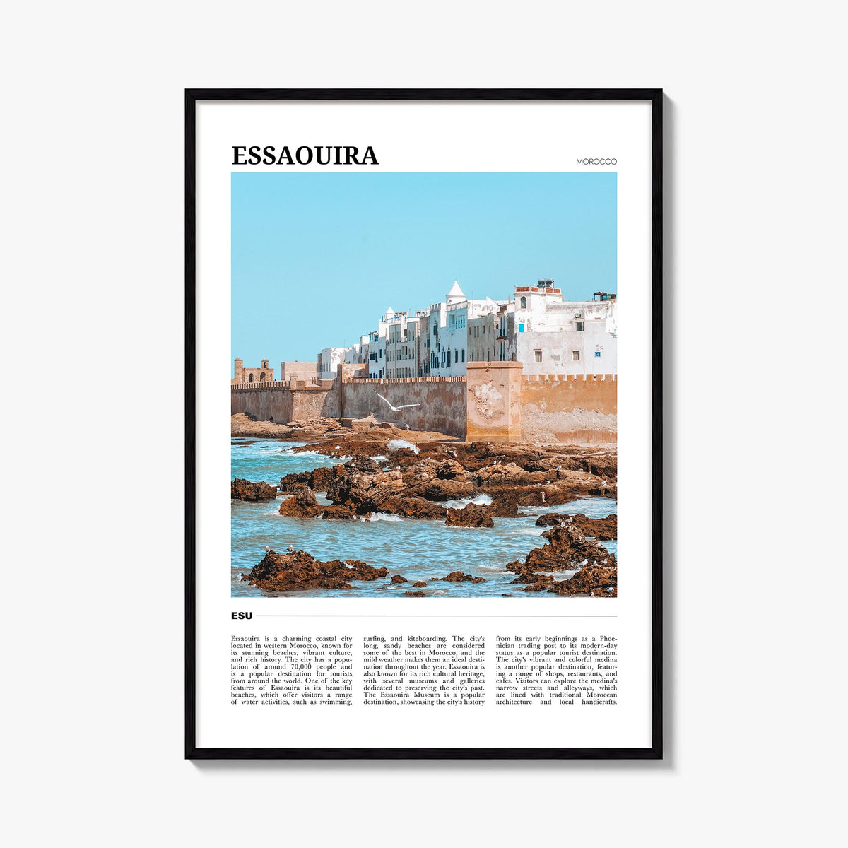 Essaouira no. 2 colorful travel poster of Morocco – vertical wall art, unframed print shown in interior mockup
