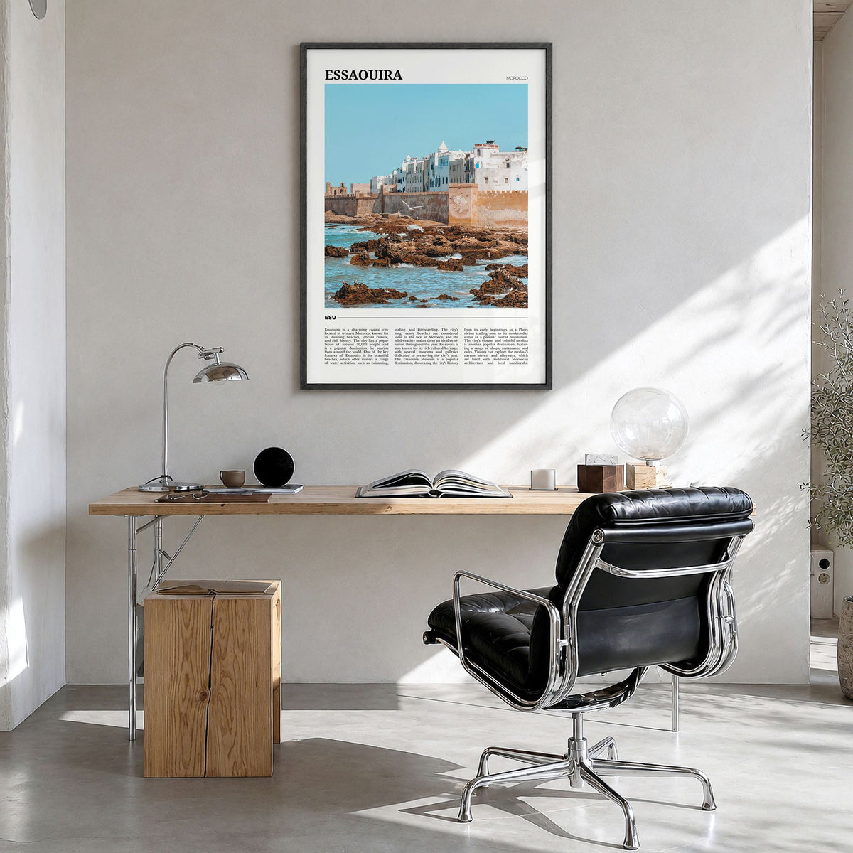 Essaouira Travel No 2 Poster in a black wood frame, hanging in a bright home office