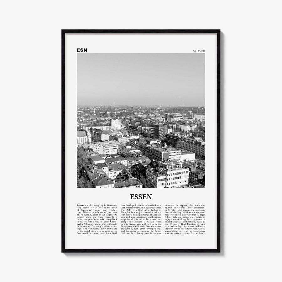 Essen black & white newspaper poster of Germany – vertical wall art, unframed print shown in interior mockup