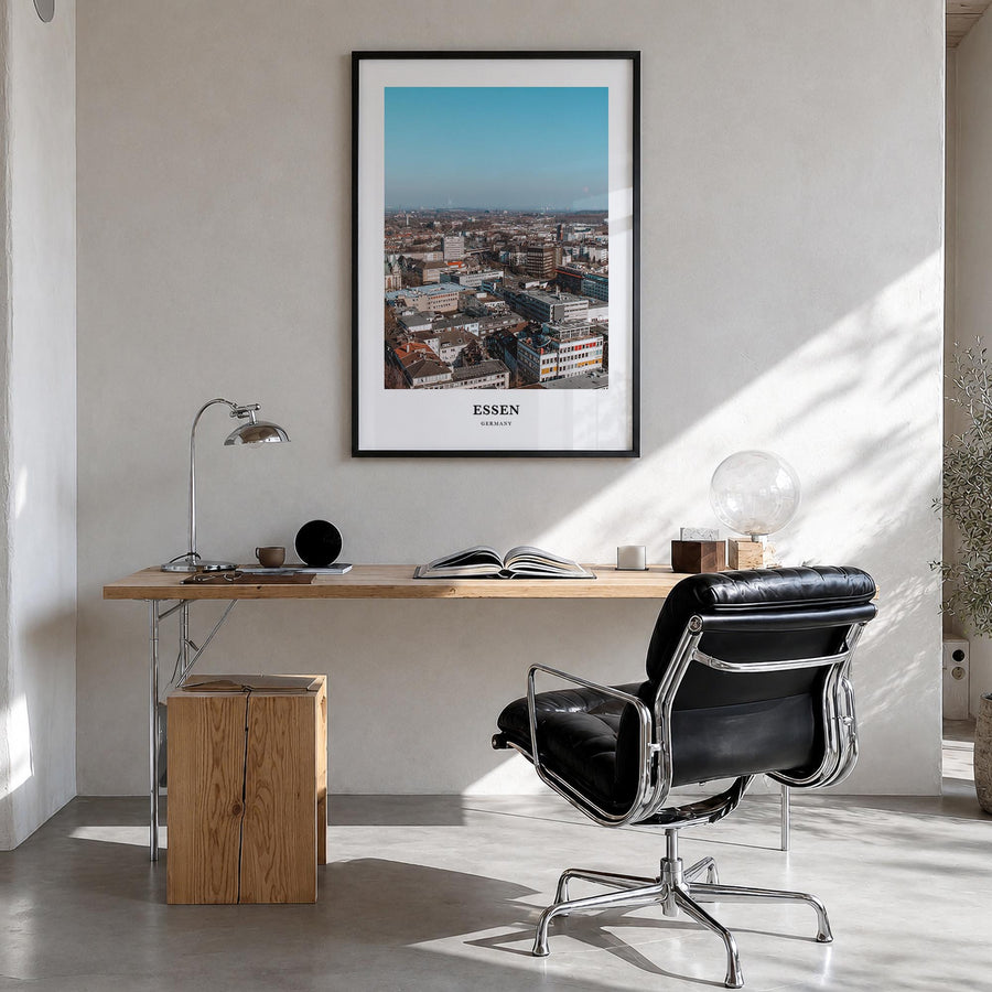Essen colorful classic poster of Germany – vertical wall art in black wood frame, hanging on wall