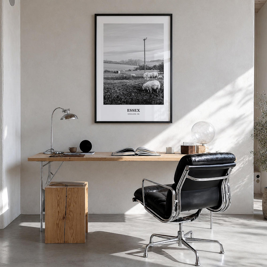 Essex black & white classic poster of Maryland, USA – vertical wall art in black wood frame, hanging on wall
