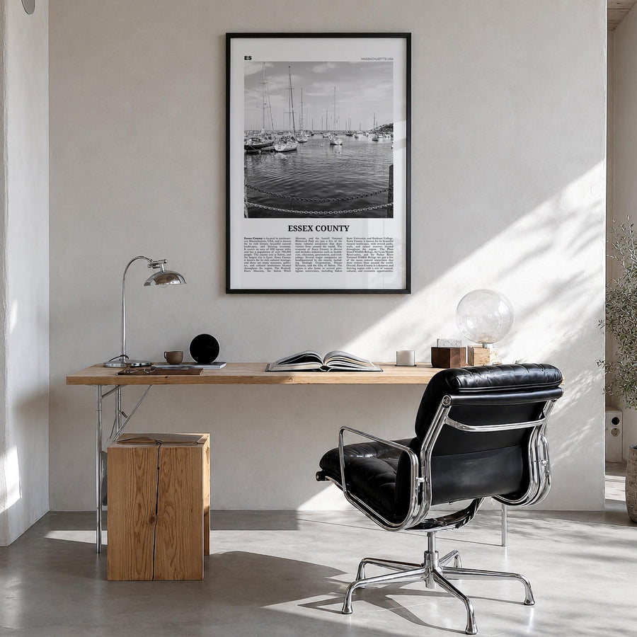 Essex County black & white newspaper poster of New Jersey, USA – vertical wall art in black wood frame, hanging on wall