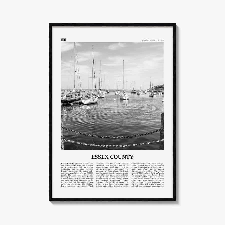 Essex County black & white newspaper poster of New Jersey, USA – vertical wall art, unframed print shown in interior mockup